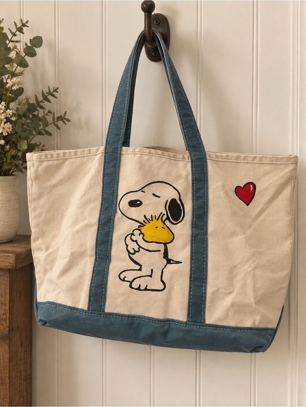 Distressed hand painted Snoopy Woodstock Canvas Boat & Tote Bag by L.L. Bean